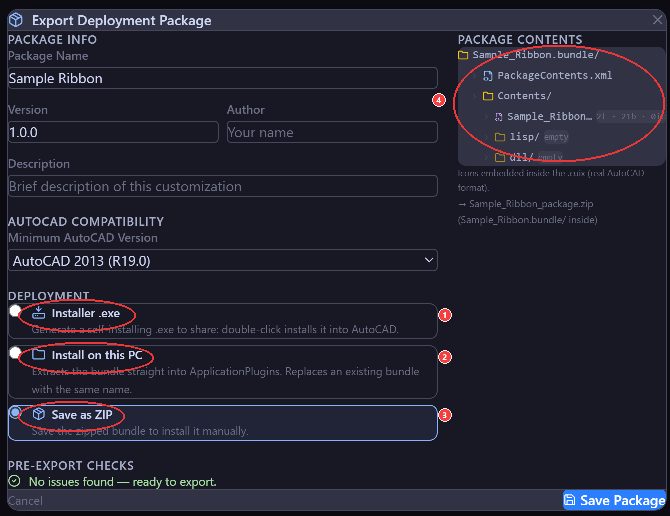 Export dialog with annotations